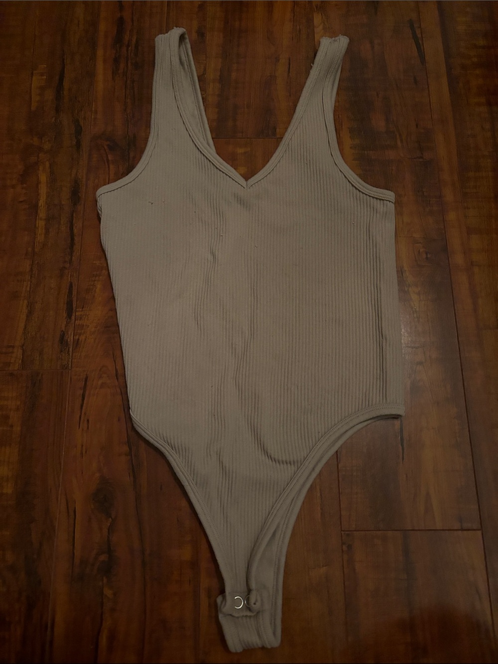 Pink Rose Ribbed V-Neck Bodysuit — Taupe Beige